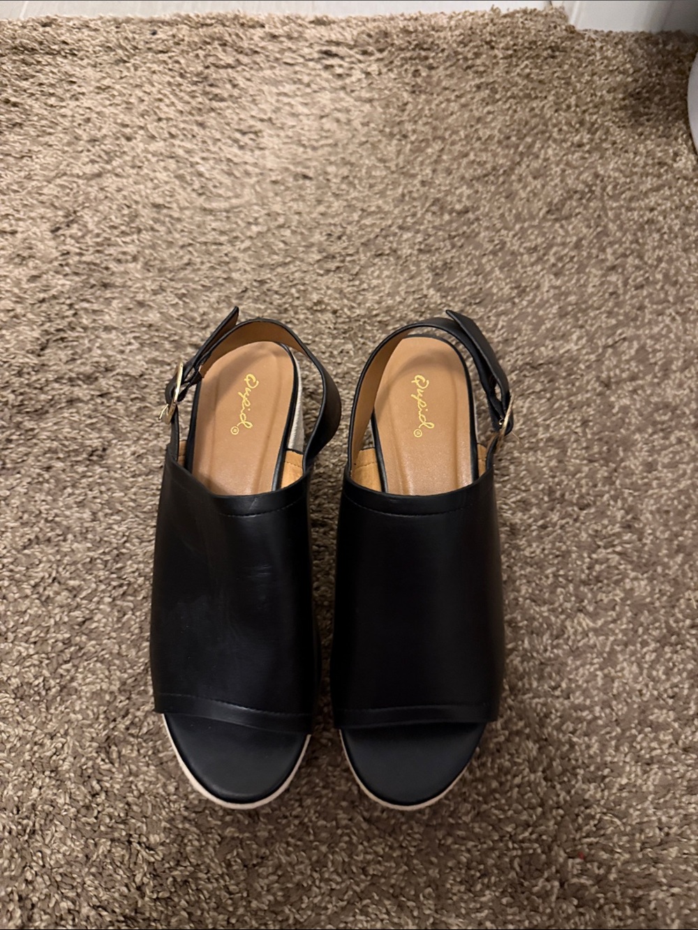 Qupid Black Peep-Toe Slingback Wedge Sandals - Never Worn